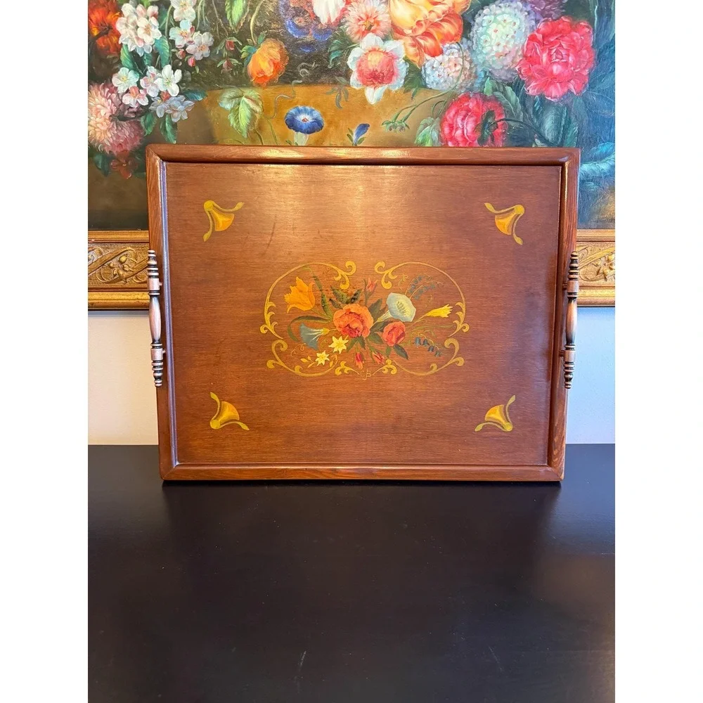 Vintage Hand Painted Floral‎ Wood Tray With Handles